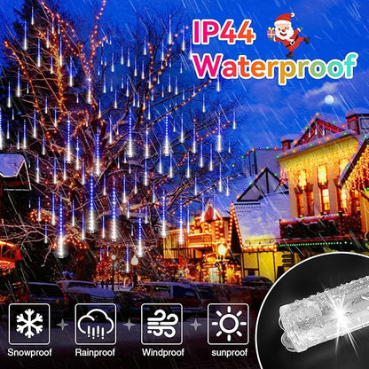 KNONEW Christmas Lights Outdoor, 15 inch 24 Tubes 672 LED Meteor Shower Lights Plug in Waterproof Falling Rain Light for Xmas Tree Wedding Party Garden Holiday Decorations (Blue and Cool White)