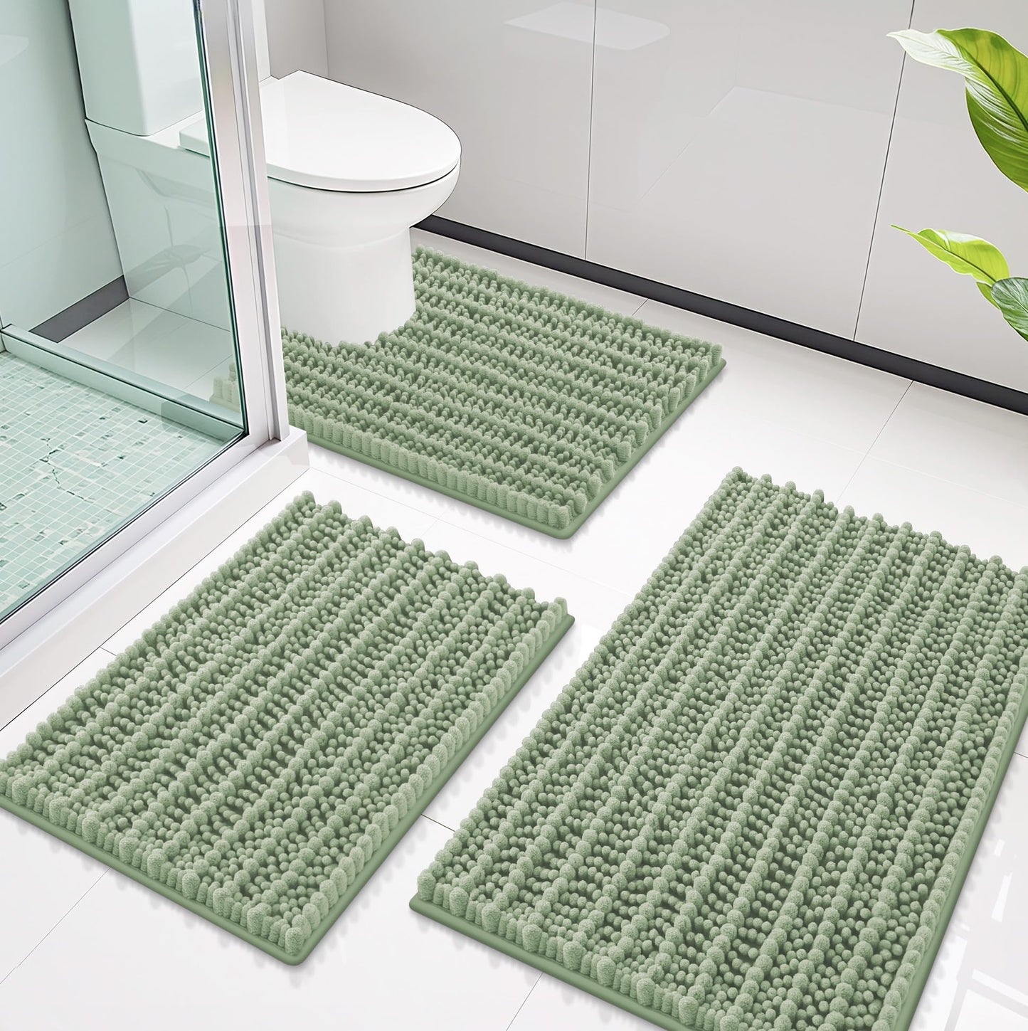 Smiry Bathroom Rugs Sets 3 Piece, Soft Absorbent, Non Slip Rubber Backing Machine Washable Quick Dry Chenille Bath Rug Set for Tub, Shower, and Floor (30"x20"+24"x16"+24"x20", Sage Green)