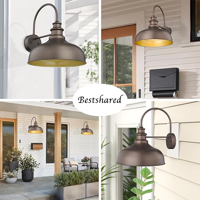 Bestshared 16 Inch Vintage Industrial Gooseneck Barn Light Farmhouse Outdoor Wall Sconce - Farmhouse Exterior Wall Mount Lighting Fixture for Garage, Patio, Porch,Front Door(Orb+Gold, 16"-2pack)