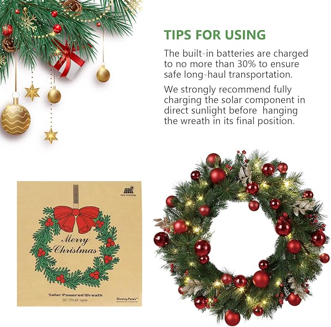 4pack Solar Christmas Wreath 24 Inch Pre-Lit Solar 50 Led Artificial Wreath Outdoor Front Door Window Christmas Decorations with Frosted Branches Red Christmas Balls (2408-4pk)