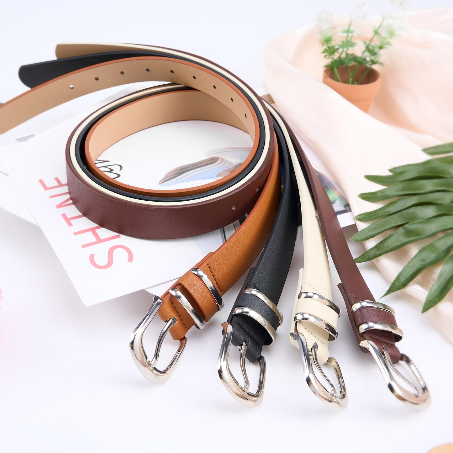 Womens Leather Belt, 4 Pcs Ladies Belts for Jeans with Zinc Alloy Buckle and 10 Adjustable Holes, Fits Waist 25-35 Inches