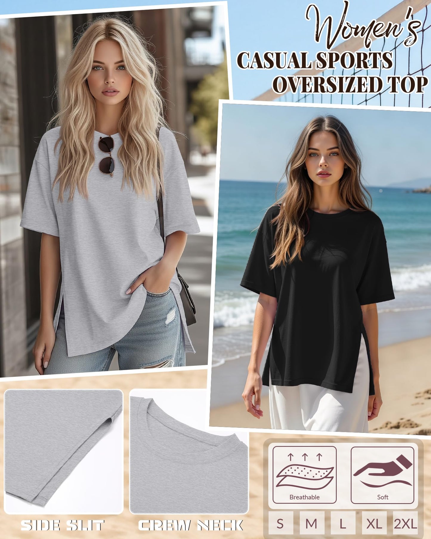 Huukeay 3 Pack Women's Oversized Workout T Shirts Short Sleeve Loose Fit Gym Tops Crewneck Casual Summer Basic Tees(L,Black, White, Gray)