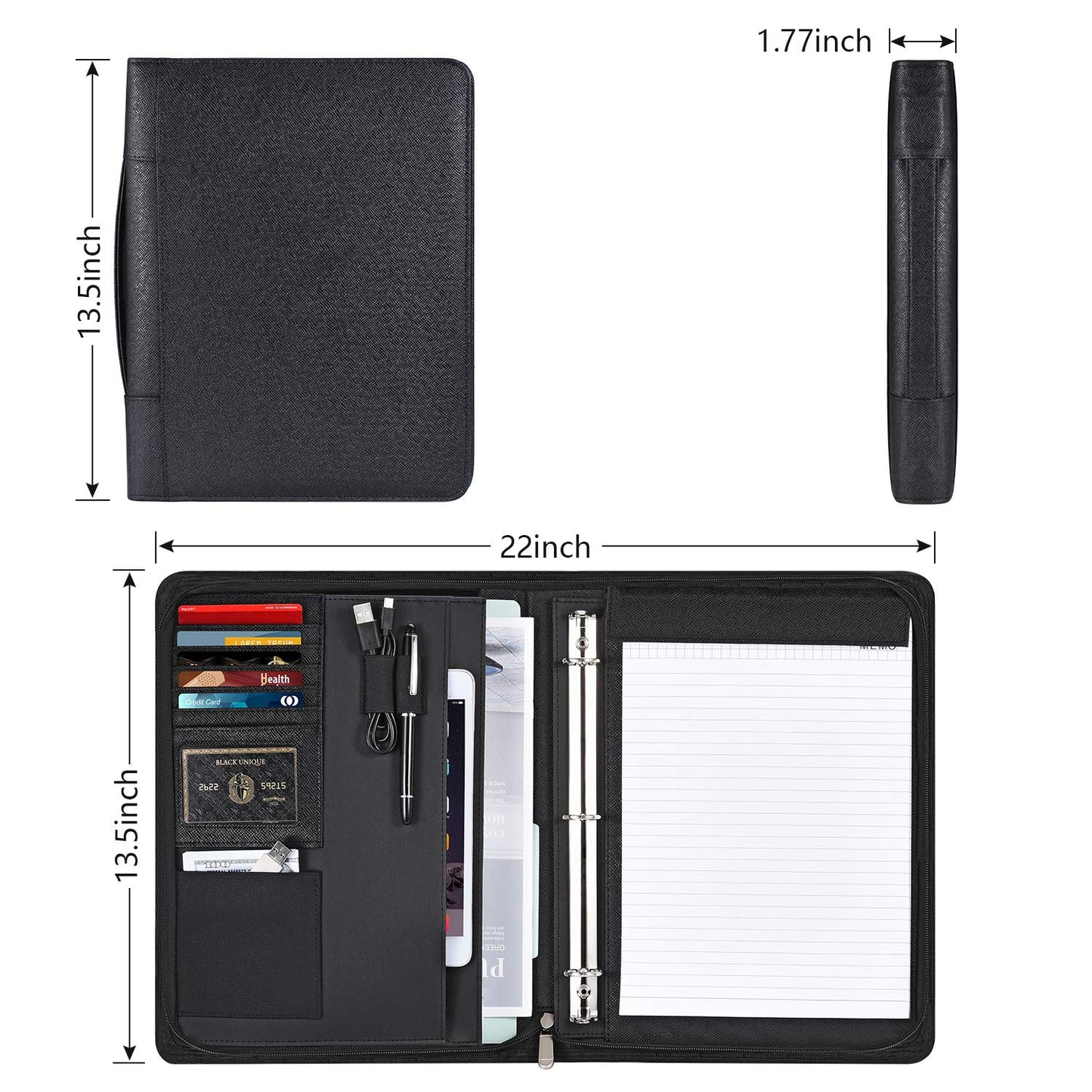Portfolio Binder, Pacific Mailer 3 Ring Binder Portfolio Organizer with Leather Folder Writing Pad Zipper Business Notebook Binders Tablets Notepads Resumes Documents Holder for Men Women