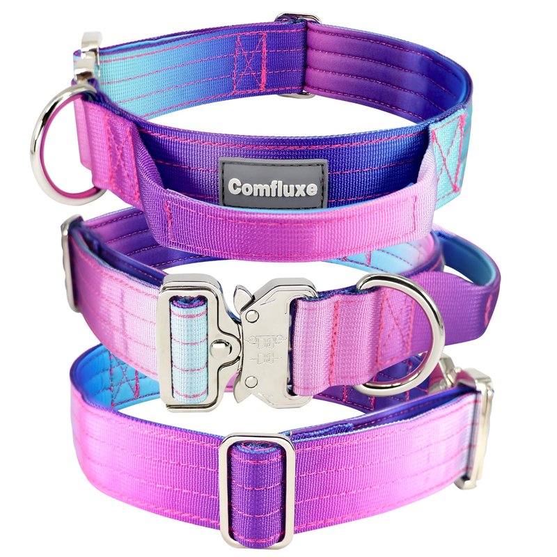 Comfluxe 1.5" Tactical Dog Collar with Handle, Heavy Duty Dog Collar with Metal Buckle for Medium Dogs, Soft Neoprene Padded Lining, Adjustable Gradient Colorful Nylon Collar for Training (Purple, M)