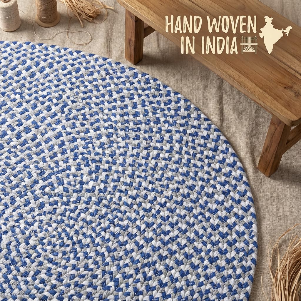 Super Area Rugs Tri-Color Cotton Farmhouse Braided Rug - Buffalo Check Blue,White,Gray 2' X 3' Oval
