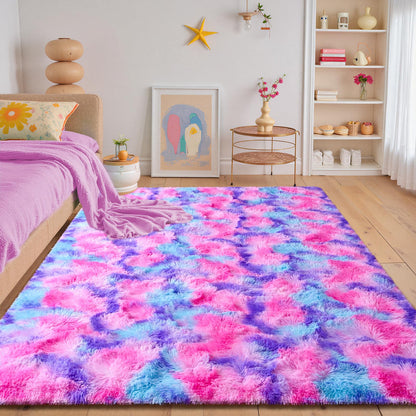 junovo 4x6 Washable Area Rug for Girls Bedroom Living Room, Tie-Dyed Hot-Pink Soft Non-Slip Fluffy Rugs, Shag Plush Memory Foam Carpet for Kids Room Baby Nursery Home Decor