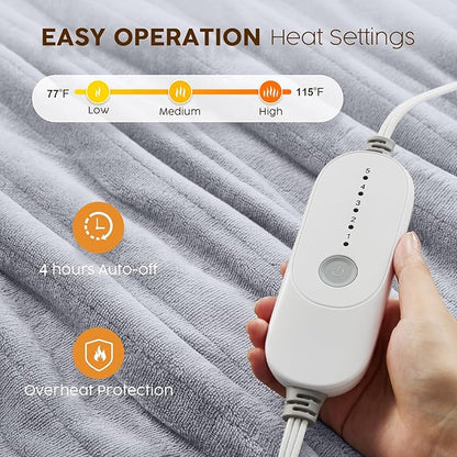 HYLEORY Heated Electric Blanket Twin 62"x84" Soft Fleece & Flannel with 5 Heating Levels & 10 Hours Timer Auto Shutt Off, ETL Certified, Washable，Heated Blanket for Body-Light Grey