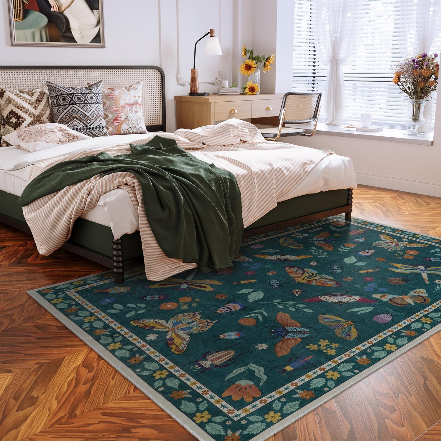 Lahome Insect Print 5x7 Area Rugs for Living Room, Soft Washable Rugs for Bedroom Ultra-Thin Non Slip Modern Rug, Throw Rug Carpet for Office Nursery Dining Room Vionnet(5'x7',Dark Green)