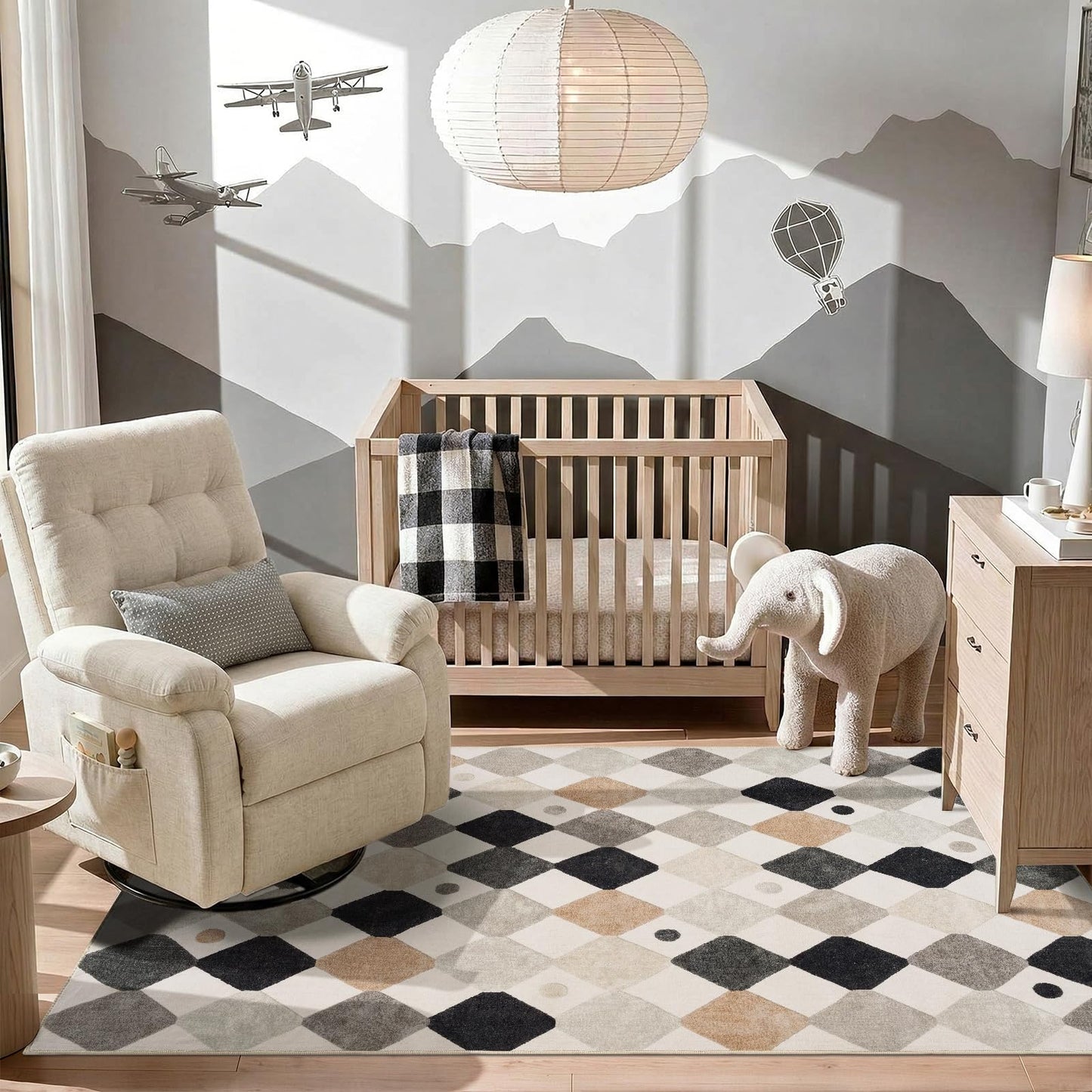 jinchan Macy 5x7 Area Rug for Kids Room Black and White Modern Colorful Nursery Rug Checkered Diamond Play Mat Washable Soft Non Slip Carpet for Playroom Classroom Bedroom Living Room Marble on Cream