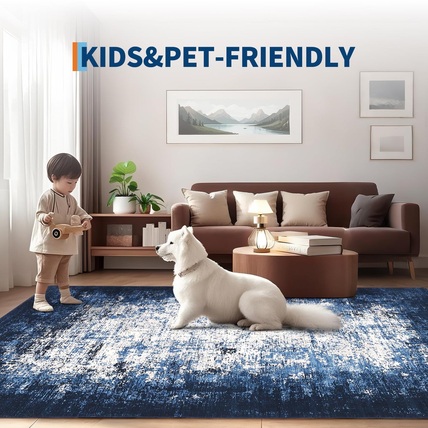 GarveeHome Abstract Area Rugs 5x7 Ultra-Soft Modern Indoor Carpet, Stain-Resistant Neutral Floor Cover, Non-Slip Distressed Throw Rug, Easy Cleaning, Perfect for Living Room, Office, Blue