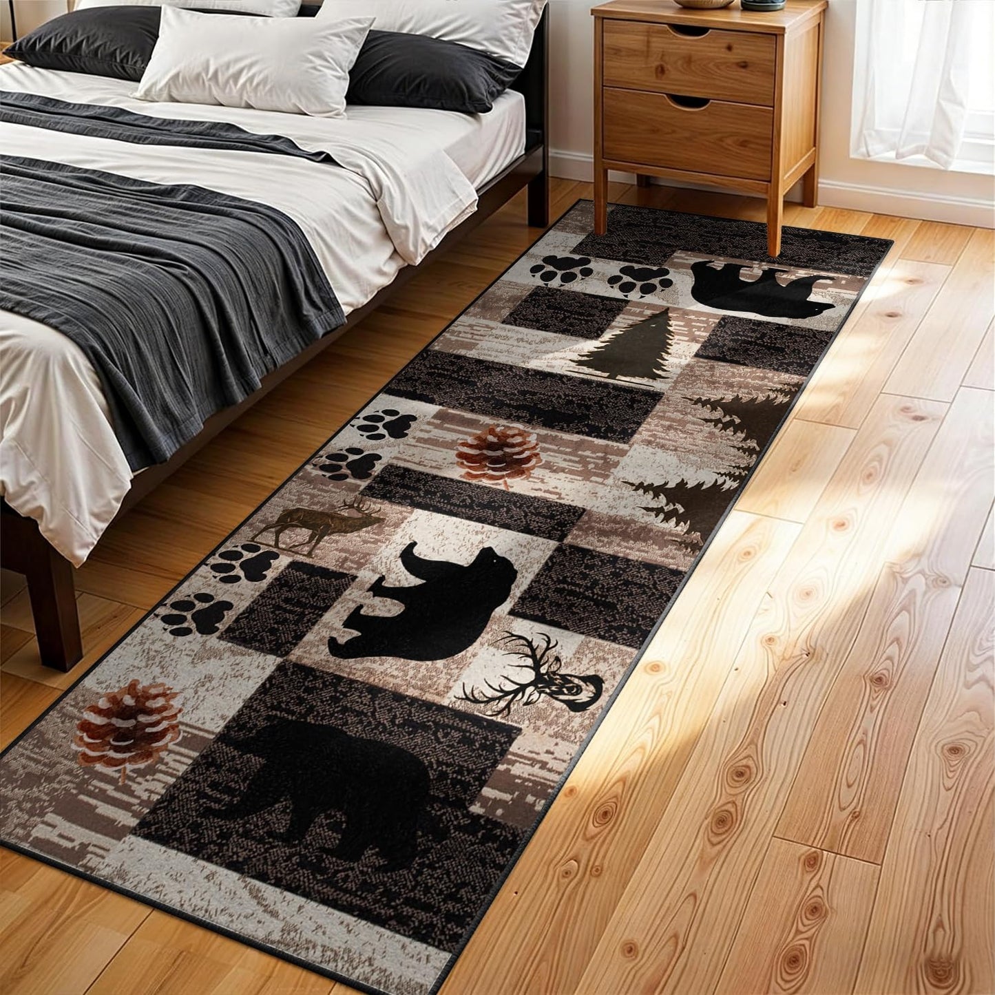 Puyosvr Rustic Lodge Runner Rug,2x7ft,Western Country Bear Elk Deer Wildlife Log Design,Forest Landscape Hunting Theme Rug,with Non Slip Backing Washable Rugs, Non Slip Pet Friendly Rug for Hallway