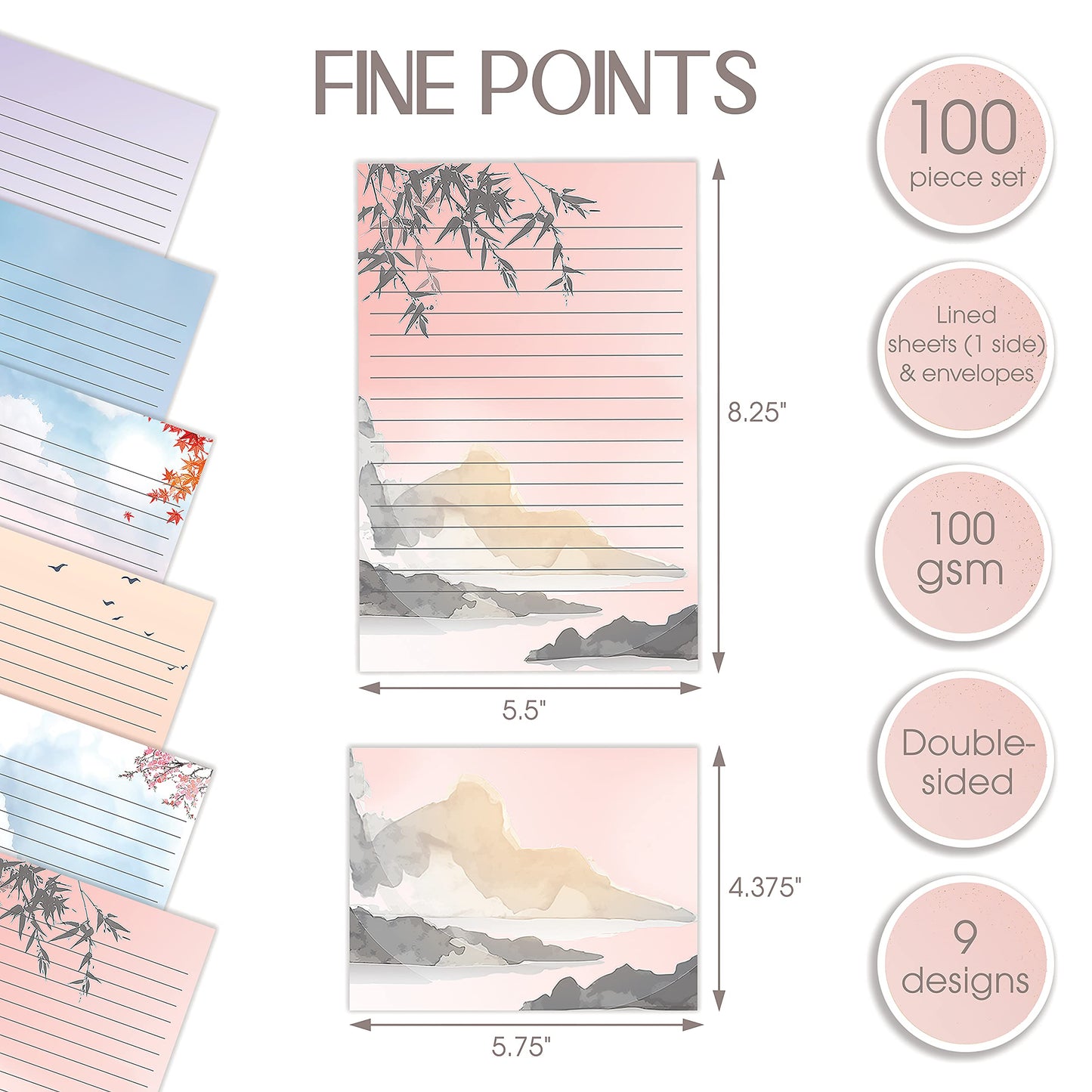 Better Office Products Mini Stationery Set of 100, Japanese Stationery Paper (50 Lined Sheets + 50 Matching Envelopes), 5.5 x 8.25 inch, 9 Designs, Double Sided Printing, One Side Lined Paper,