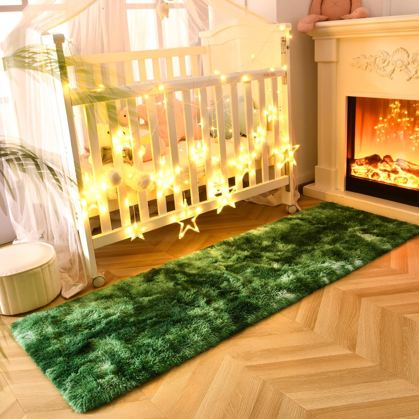 DweIke Fluffy Dark Green Runner Rugs for Bedroom, 2x6 Feet Soft Plush Long Moss Runners for Girls Boys Kids, Non-Slip and Machine Washable Bedside Rug, Small Throw Carpet for Hallway Rooms Decor