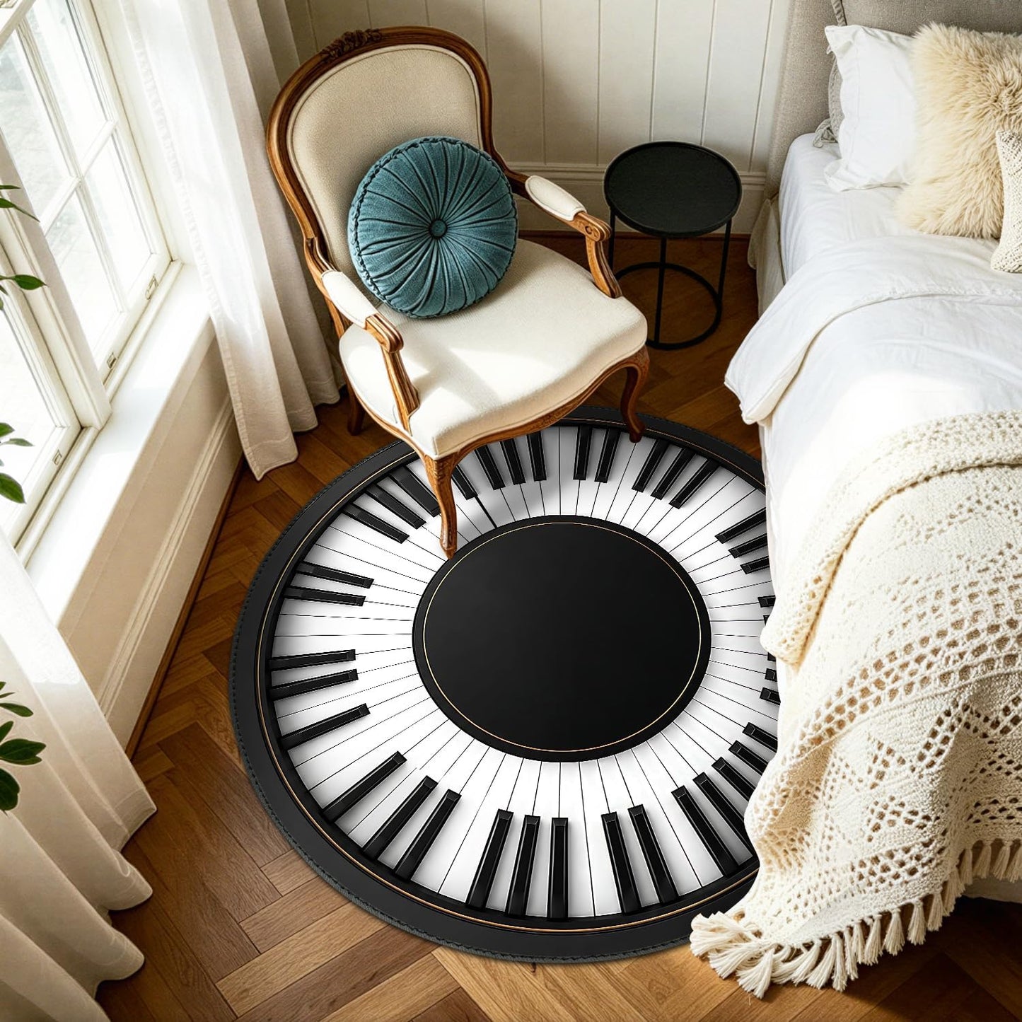 Round Area Rug 4ft – Piano Keyboard Round Rug, Washable Circular Floor Carpet for Living Room, Bedroom, Music Room, Studio, Non Slip Decorative Piano Key Rug