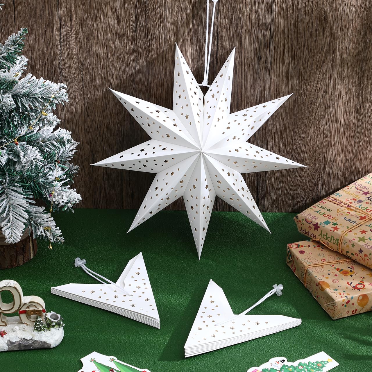 CALLARON 3Pcs Paper Star Lantern, Paper Christmas Decorations, Hanging Star Lantern, 9 Pointed Christmas Stars Lampshade, Foldable White Lampshade Decor for Christmas, Wedding, Holiday Party, 14inch