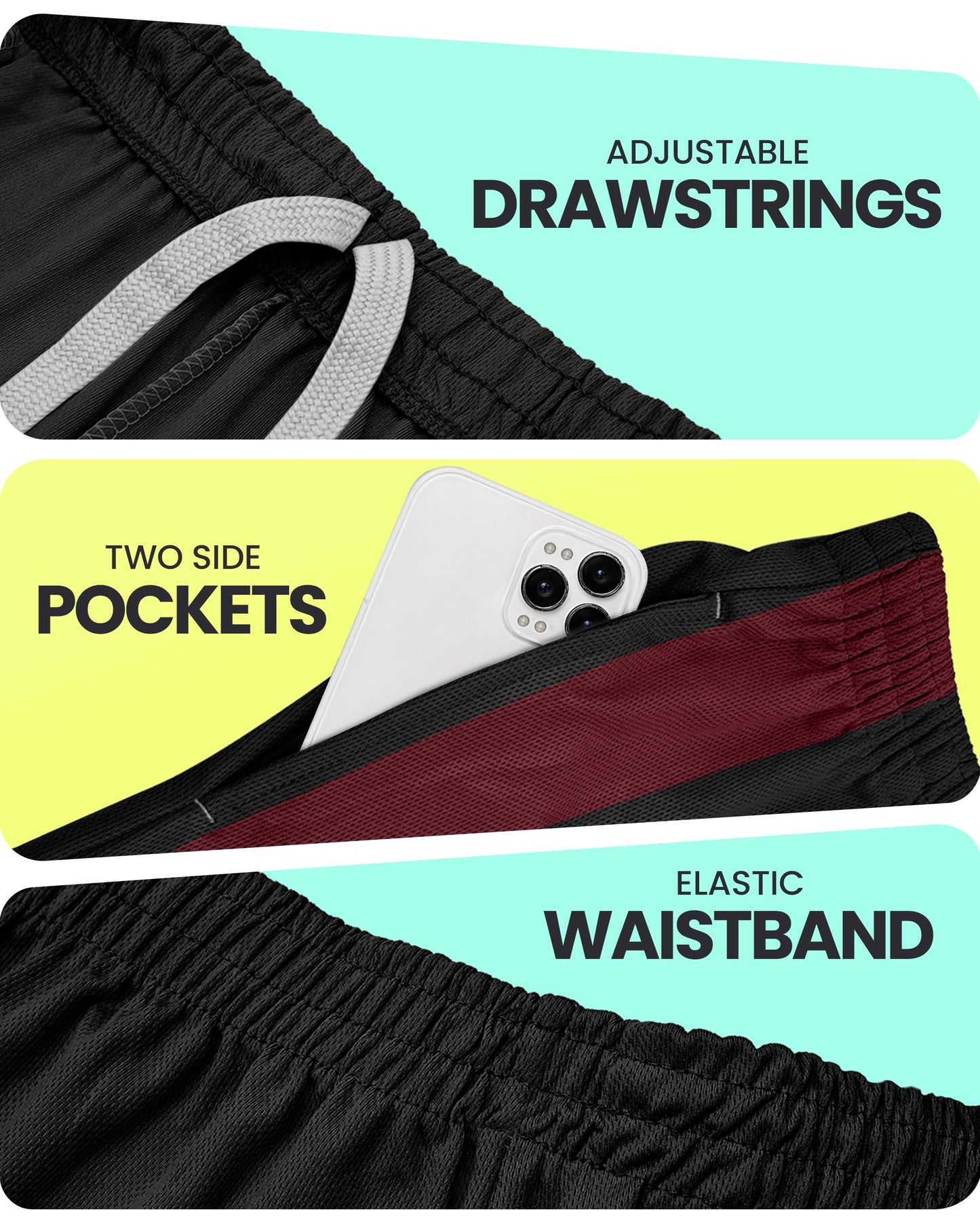 NY Threads Men's Athletic Shorts Quick Dry Loose-Fit Lightweight Running Workout Gym Shorts with Pockets, X-Large, Black Burgundy Panel