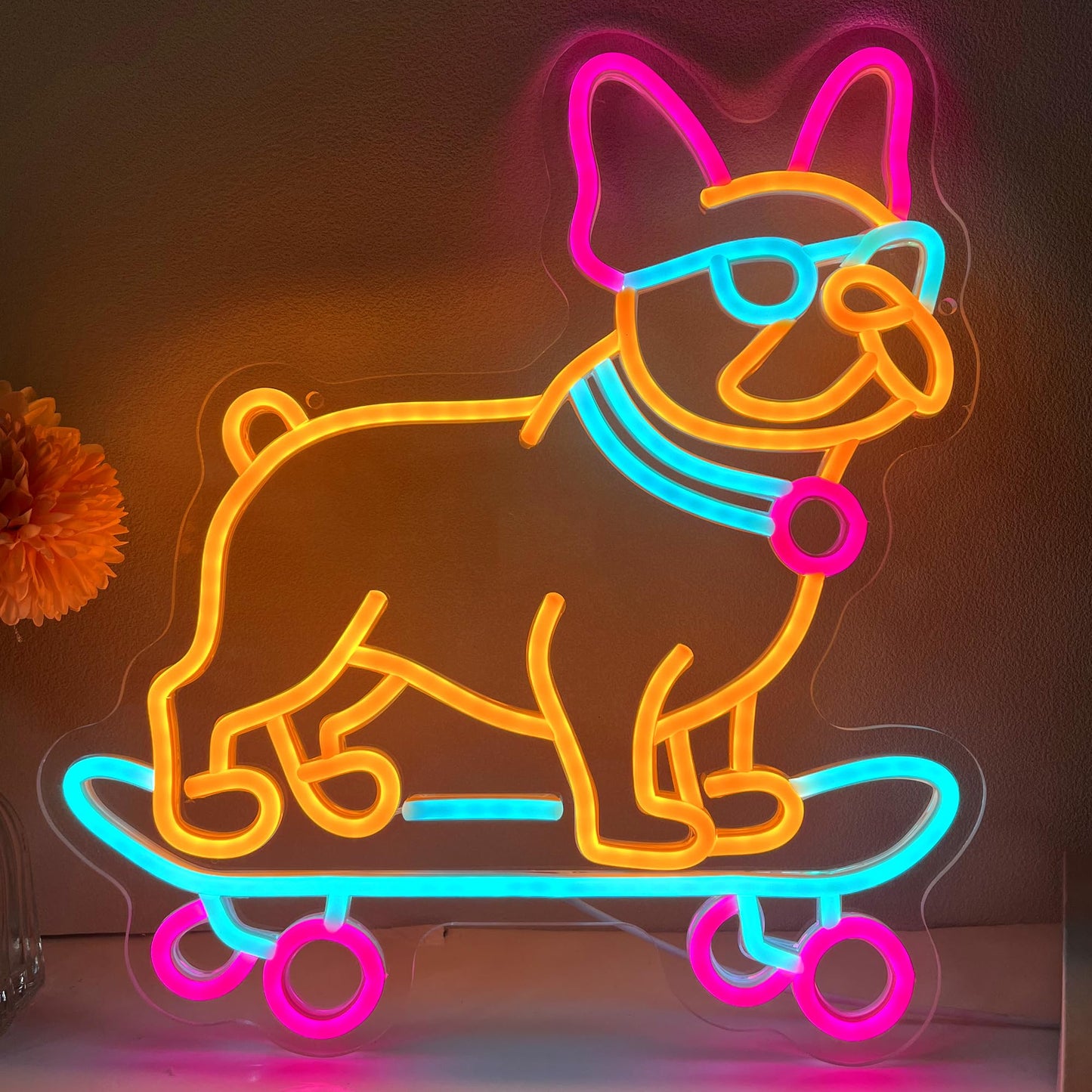 Bulldog Skateboarding Neon Sign, Cute French Bulldog Dimmable Led Neon Night Lights Up Animal Decor for Bedroom Living Room Man Cave Home Bar Wall Decoration, Birthday Party Gifts Christmas for Kids Girls Boys Adults (Dog)
