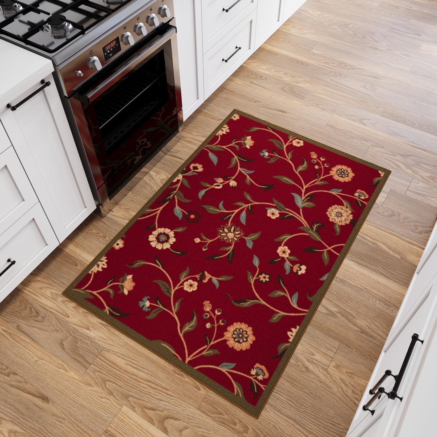 Ottomanson Accent Rug – Non Slip Low Pile Small Rug for Entryway, Bedroom, Bedside & Coffee Table Areas, 2'7" x 4', Floral Red