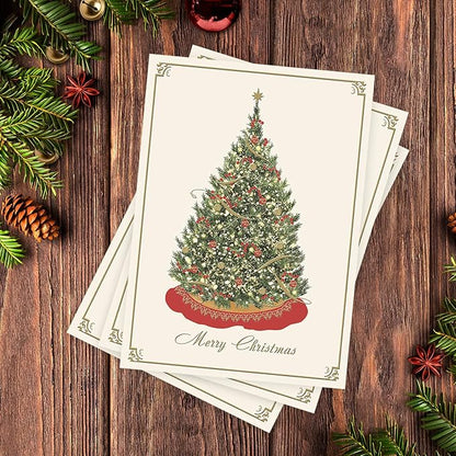 Masterpiece Elegant Tree Christmas Cards / 15 Boxed Winter Holiday Card Set With With Gold And Red Foil Accents And Gold Foil Lined Envelopes / 5 5/8" x 7 7/8" Folded Christmas Tree Greeting Cards