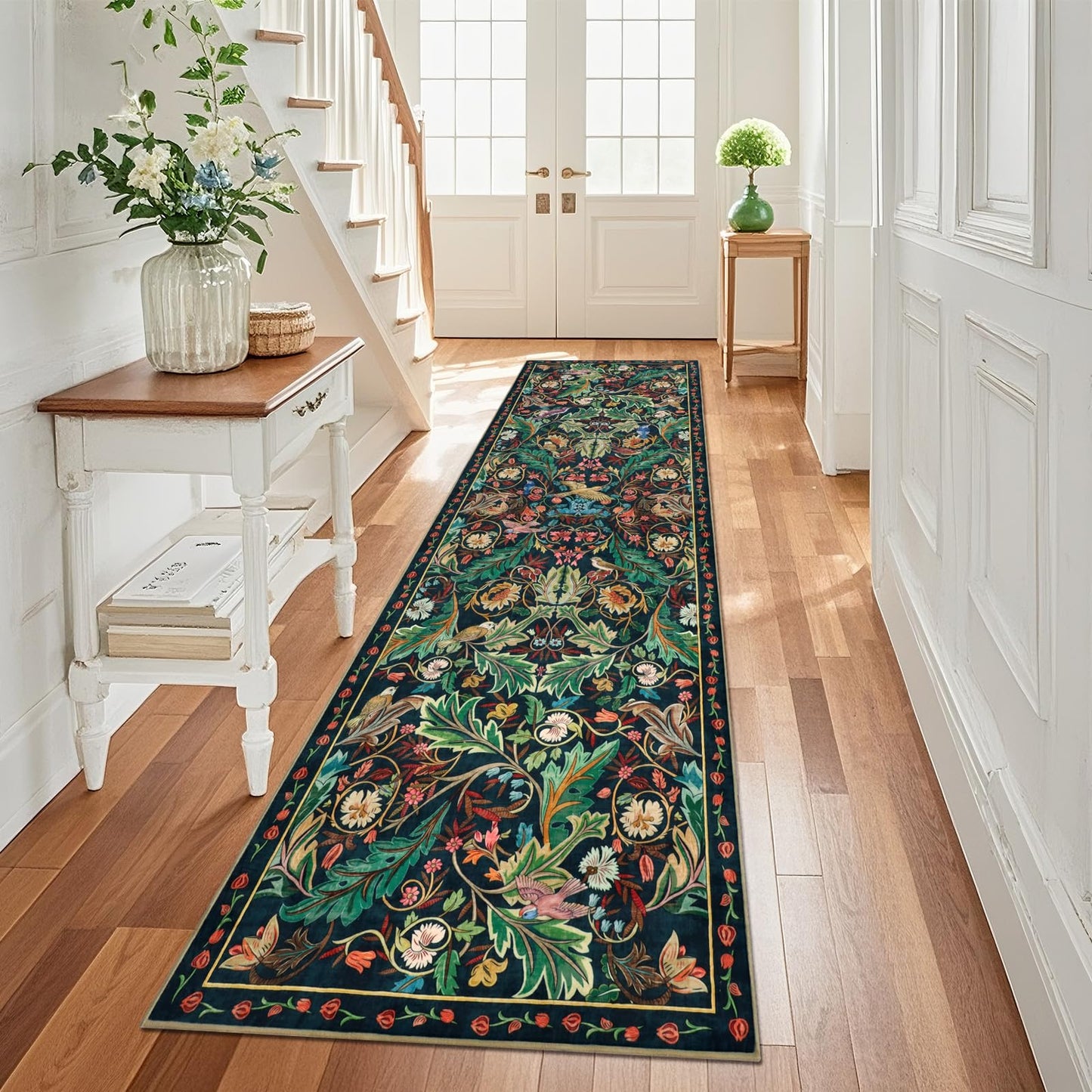nesrt Boho Washable 3x10 Hallway Runner Rugs, Non Slip Floral Birds Long Kitchen Runners, Soft Jungle Birds Floor Carpet for Entryway, Low Pile Decor Rug for Hall Laundry Bedroom Bathroom (Dark Green)