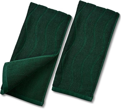 Jacquotha 2-Piece Hand Towels Set in Forest Green, Wavy Striped Jacquard Towels