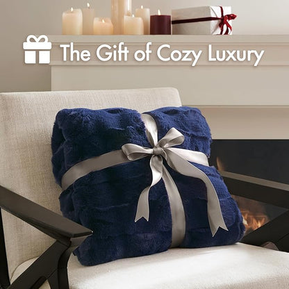 Madison Park Luxuriously Cozy Soft Long Faux Fur Basketweave Blanket, Reversible Soft & Snuggly Velvet Throw, Lightweight, Breathable, All Season, Trendy Room Décor, 50x60, Navy