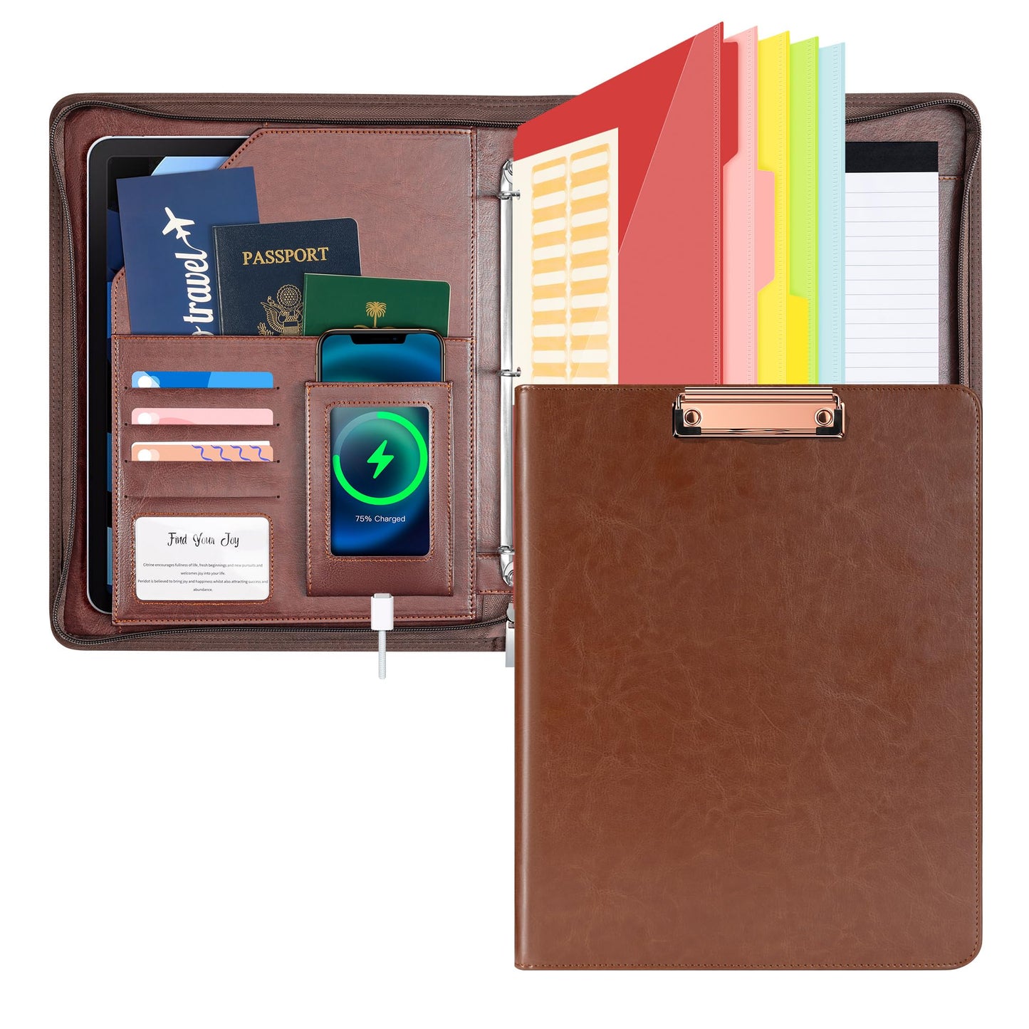 Ospelelf Zippered Padfolio Organizer, Faux Leather 3 Ring Binder with Clipboard, Letter Size Business Portfolio with Notepad, Tablet Sleeve & Phone Pockets for Office Work Brown