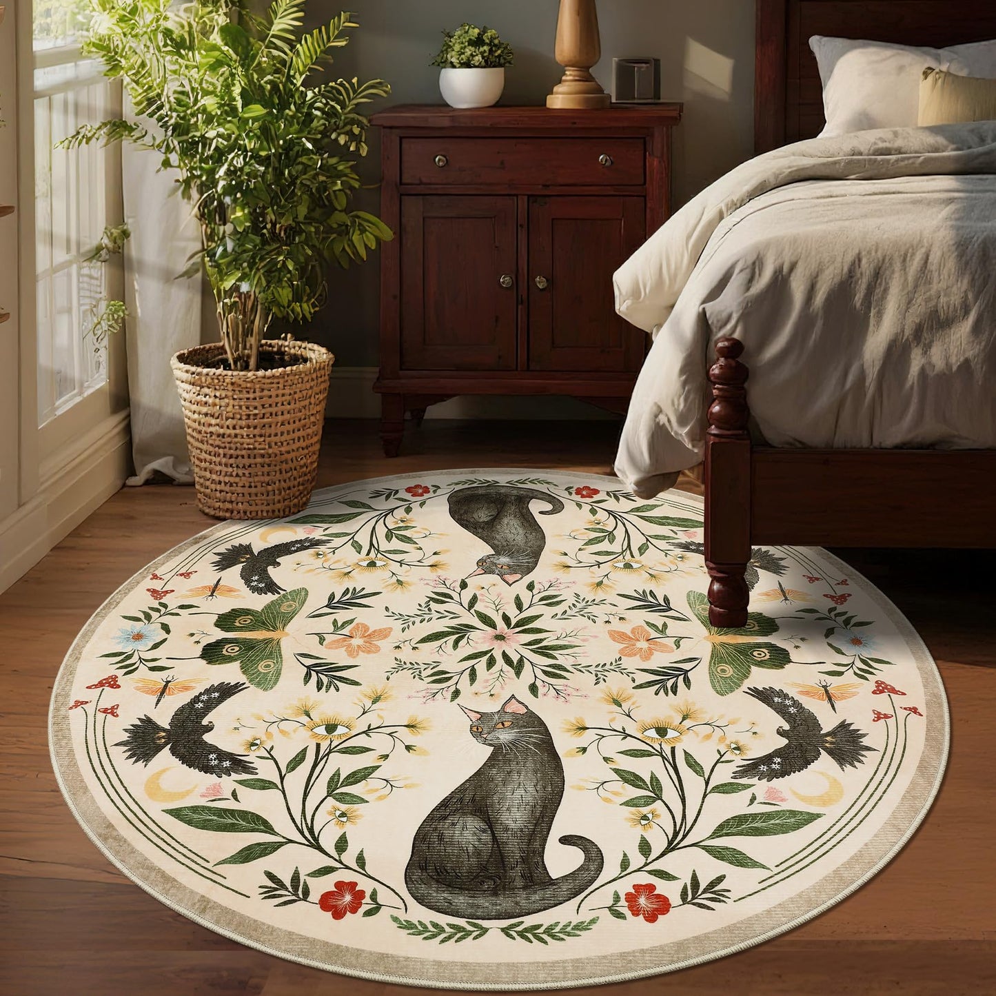 GarveeHome Round Area Rugs 5ft for Bedroom, Cat Beige Washable Circle Rug Soft Non Slip Mushroom Floral Floor Mat Carpet Indoor Thin Rug for Bedroom Dining Room Playroom Nursery Gothic Decor