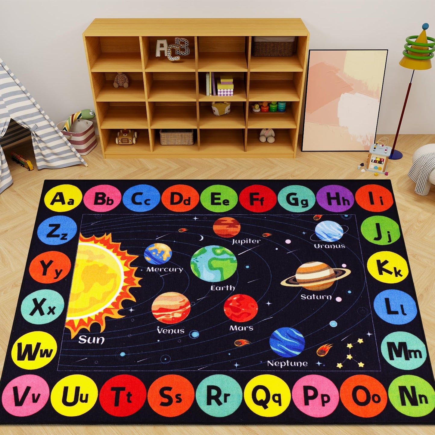 AKASISRUG Outer Space Kids Rug Carpet for Playroom, ABC Educational Learning Area Rug, Non-Slip Solar System Road Play Play Rug for Kids Bedrooms, Classroom, Room Decor (Black, 59X39.4 INCH)
