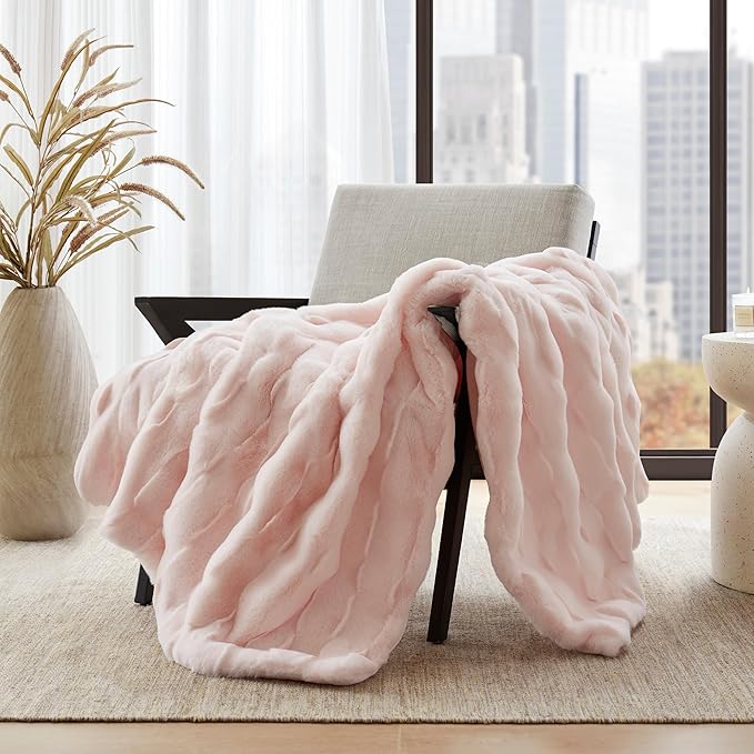 Madison Park Luxuriously Cozy Soft Long Faux Fur Basketweave Blanket, Reversible Soft & Snuggly Velvet Throw, Lightweight, Breathable, All Season, Trendy Room Décor, 50x60, Pink