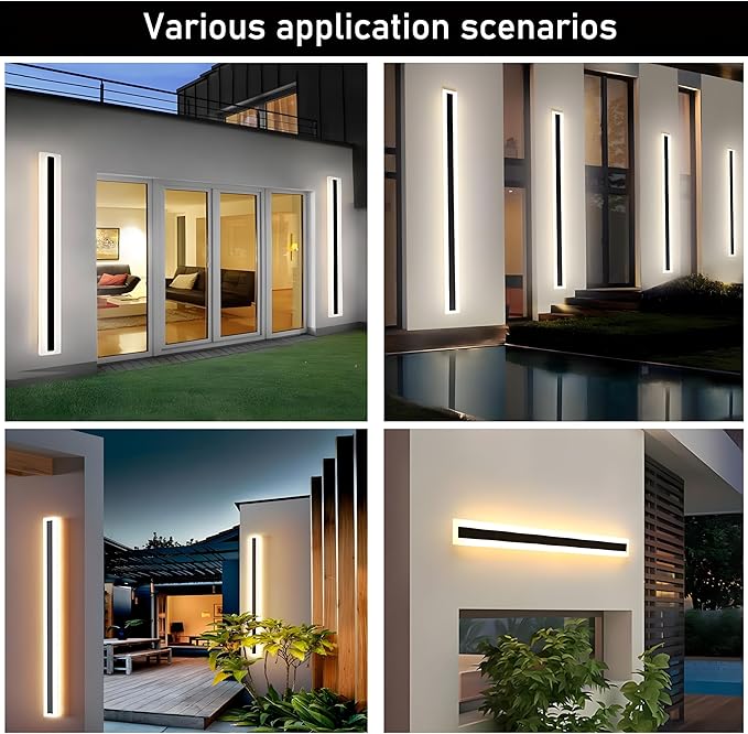 2Pack 47.2inch Long Outdoor Modern LED Wall Light,38W Waterproof IP65 Warm White 110V led Wall Mount Lighting Fixture Rectangular Black Wall Lights Elegant Frosted White Acrylic Anti Rust.