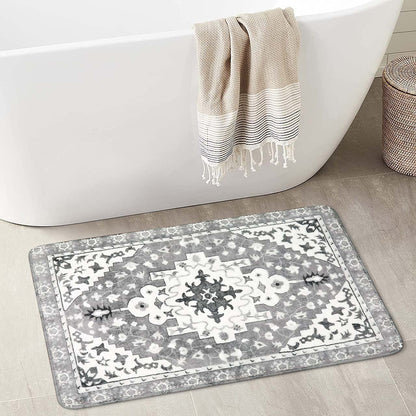 Uphome Boho Retro Bathroom Rug Gray Non-Slip Soft Bath Rug Machine Washable Oriental Bathroom Mat Traditional Farmhouse Floral Floor Mats for Bathtub Shower Toilet, 20x31 inch