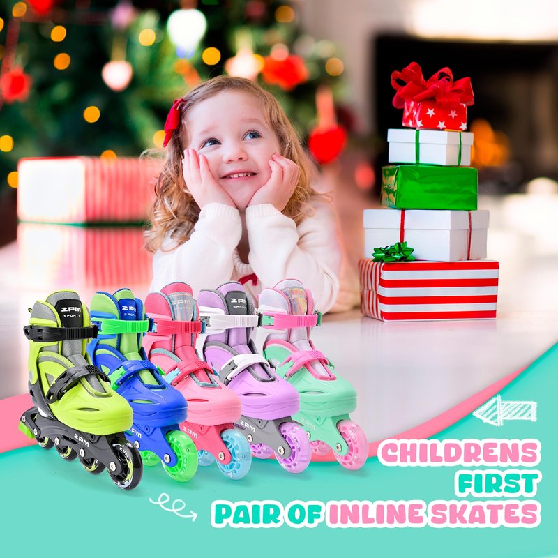 2PM SPORTS Inline Skates for Kids Ages 4-8 8-12 with Light Up Wheels, Adjustable Kids Roller Skates Blades for Youths Toddlers Beginners Indoor Outdoor - Green Large