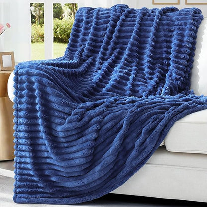 decorUhome Soft Fleece Navy Blue Blanket Queen Size for Bed, Cozy Fluffy Plush Flannel Large Striped Throws for Couch Sofa, Lightweight Decorative Fuzzy Blanket for Woman, 90x90 Inches