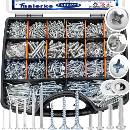 maierke 1680 PCS High Hardness Screw Bolts and Nuts & Nails & Wood Screws Assortment Kit,M3/M4/M5/M6 Machine Screws,Small Nails,#6#8 Drywall Screw Set for Picture Hanging and DIY (Length 1/2 to 2")