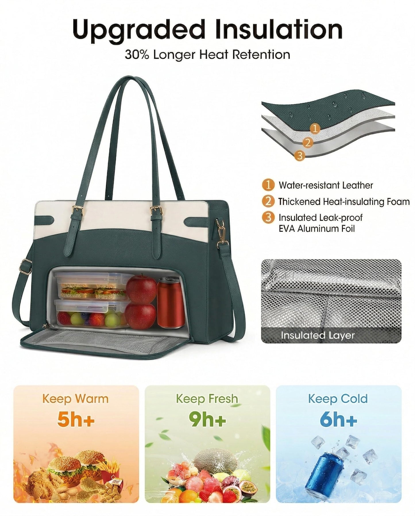 RAINSMORE 2-in-1 Laptop Bag with Insulated Lunch Compartment for Women 15.6 Inch PU Leather Work Tote for Teachers Nurses, Professional Water-Resistant Business Briefcase for Office & Travel
