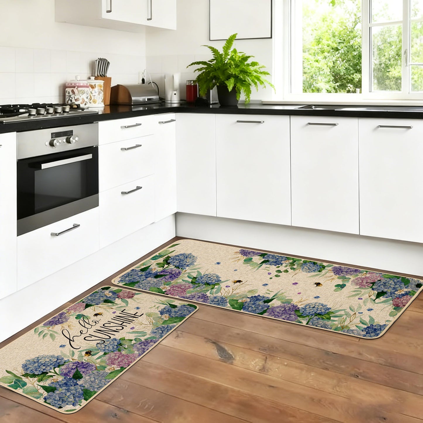 Baccessor Hydrangea Kitchen Mats Set of 2, Spring Summer Floral Bee Kitchen Rugs for Floor Non Slip Absorbent Low-Profile Seasonal Farmhouse Home Decor 17x29 and 17x47 Inch