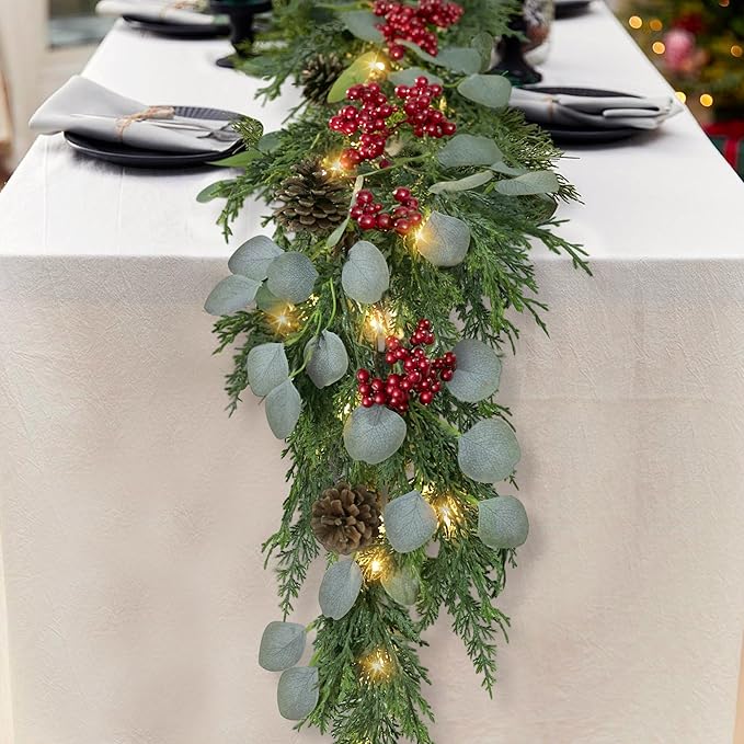 6FT Christmas Garland with Lights Artificial Pine Cypress Eucalyptus Garland with Red Berries Christmas Tips Cedar Garlands,Christmas Decorations Holiday Indoor Outdoor Winter Garland