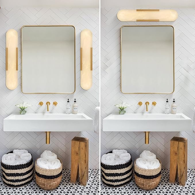 Alabaster Wall Sconces Set of 2,19.7'' Brass Wall Sconce Natural Marble Wall Sconce for Bathroom, Indoor Modern Wall Light Fixtures for Living Room Hallway Stairs Vanity Bedside, Gold