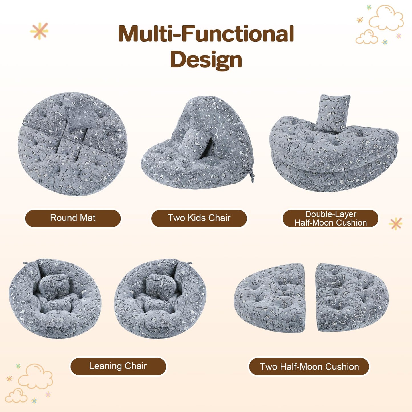 blue page Circle Kids Play Mat 5.9 in Thick, 5-in-1 Comfy Padded Playmat for Ages 3+, Glowing Round Floor Rug for Nursery Playroom Reading Corner, 47x47 in Grey Dinosaur