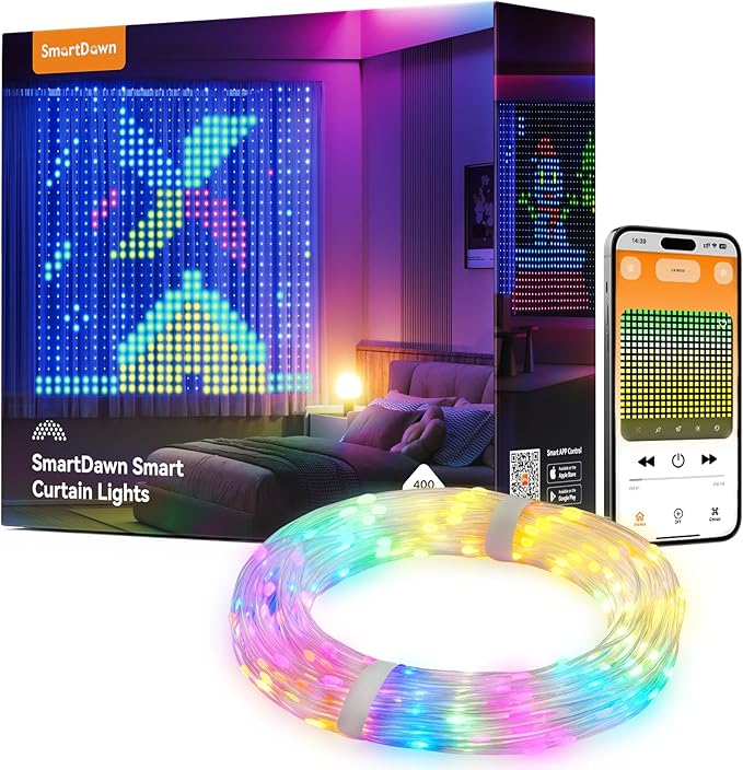 400 RGBIC LEDs Smart Curtain Lights with DIY GIF, 6.6x6.6ft Color Changing Holiday Wall Lightss with APP, IP65 Waterproof Christmas String Fairy Lightss for Indoor Outdoor Bedroom Window