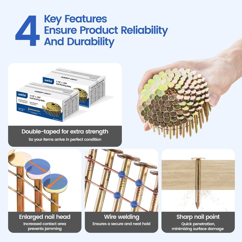 meite Roofing Nails 15 Degree Electro Galvanized Coil Nails 1-1/2-Inch, Rust-Proof Big Head Roofing Nails for Electric or Pneumatic Nailer Gun, Wire-Collated Coil Nails for Lathing Sheathing, 7200PCS