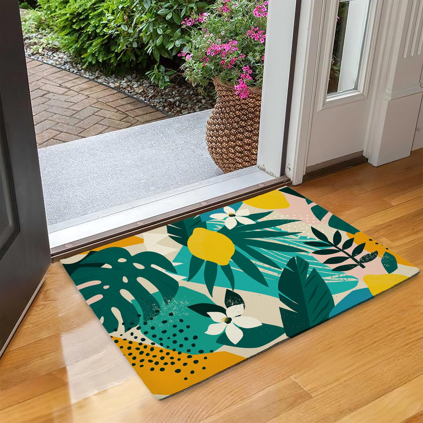 SPUNKER Abstract Modern Welcome Mat - Tropical Palm Leaves, Indoor/Outdoor, Low-Profile, 17''x30''