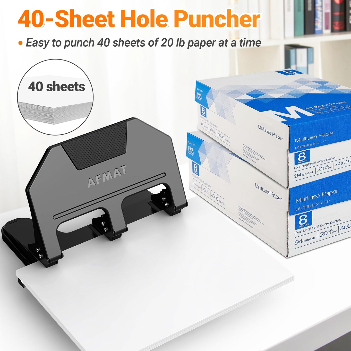 AFMAT 3 Hole Punch Heavy Duty, 9/32" Hole Diameter, 40-Sheet 3 Hole Puncher for Binder, 50% Reduced Effort, Metal Three Hole Punch w/ 10,000+ Uses, Bulit-in S.S. Paper Guide, Large Chip Tray, HPX3