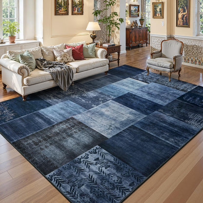 DweIke Washable Area Rugs 5x7 for Living Room, Modern Geometric Navy Blue Soft Patchwork Carpet, Non-Slip Stain Resistant Throw Rug for Bedroom Dining Room Office Home Decor
