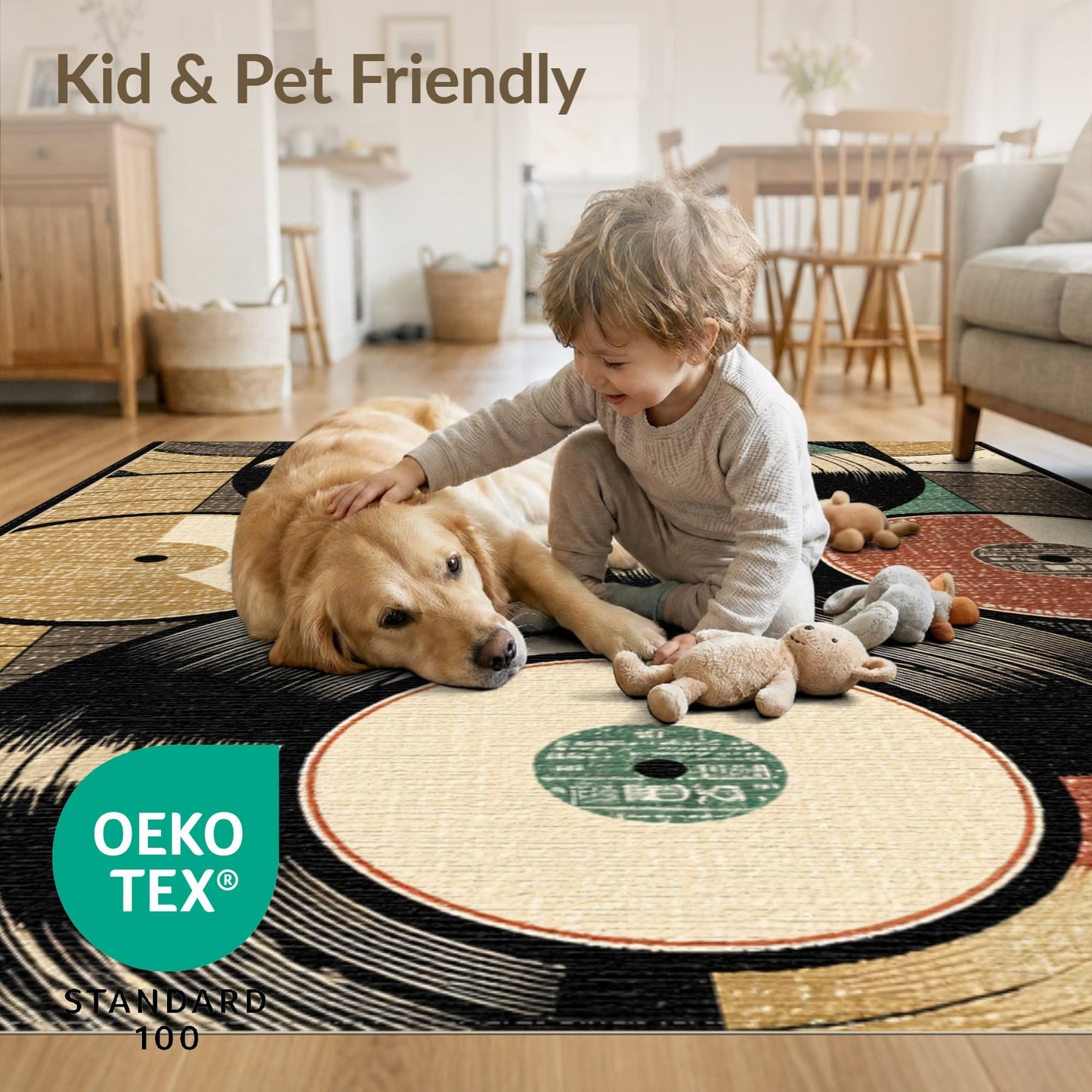 ODIKA 8'x10' Washable Area Rug - Vinyl Record Retro Music Brown Non-Slip Foldable Large Carpet for Living Room, Dining Room, King Size Bedroom, Flatwoven | Ref: 147071
