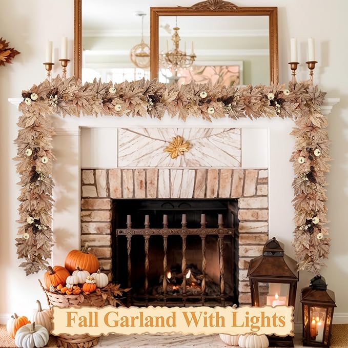 9 FT Fall Garland with Lights Timer Function Autumn Fall Leaves Garland with Berries Pine Cones Pumpkins Realistic Automatic ON/Off Timer Fall Decorations for Home Mantle Fireplace Porch Table