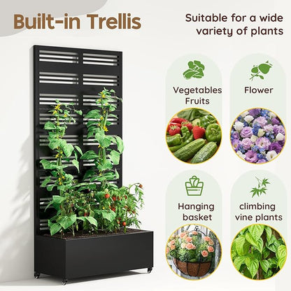 Metal Raised Garden Bed with Trellis & Wheels,72" x 35"x 15.7" Planter Box with Trellis,Privacy Planters for Patio,Garden Bed for Climbing Plants,Suitable for Climbing Plants and Vegetables,Black