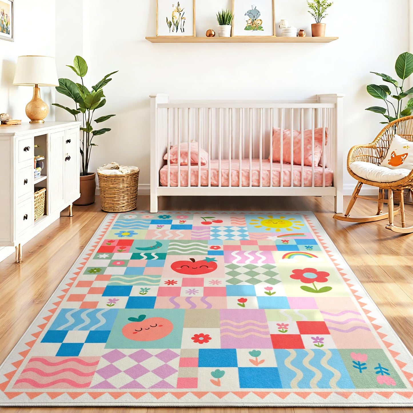 3x5 Washable Kid Bedroom Rug for Girls, Pink Baby Nursery Area Rug, Soft Non-Slip Toddler Playroom Carpet, Cute Colorful Strawberry Fruit Rainbow Checkered