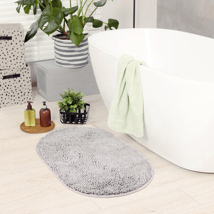 HMETOL Oval Plush Bath Mat, Soft Non Slip Washable Absorbent Rug, Rubber Backing Quick Dry Rugs for Shower Floor, Bathroom Decor 20" x 32" Light Grey